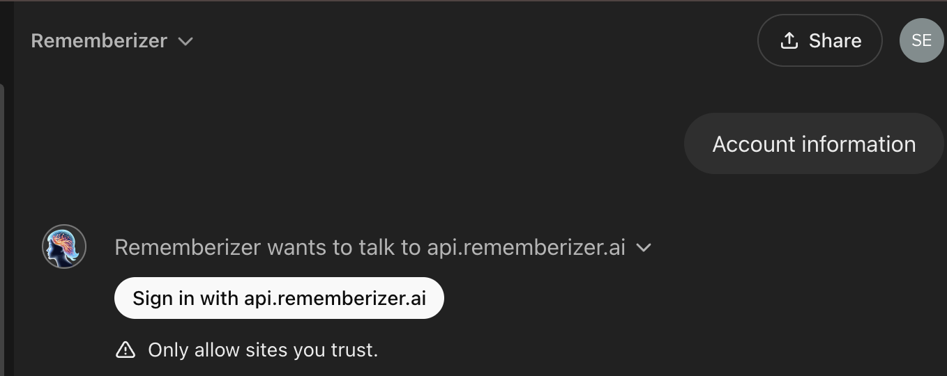 طلب تسجيل الدخول من تطبيق Rememberizer GPT