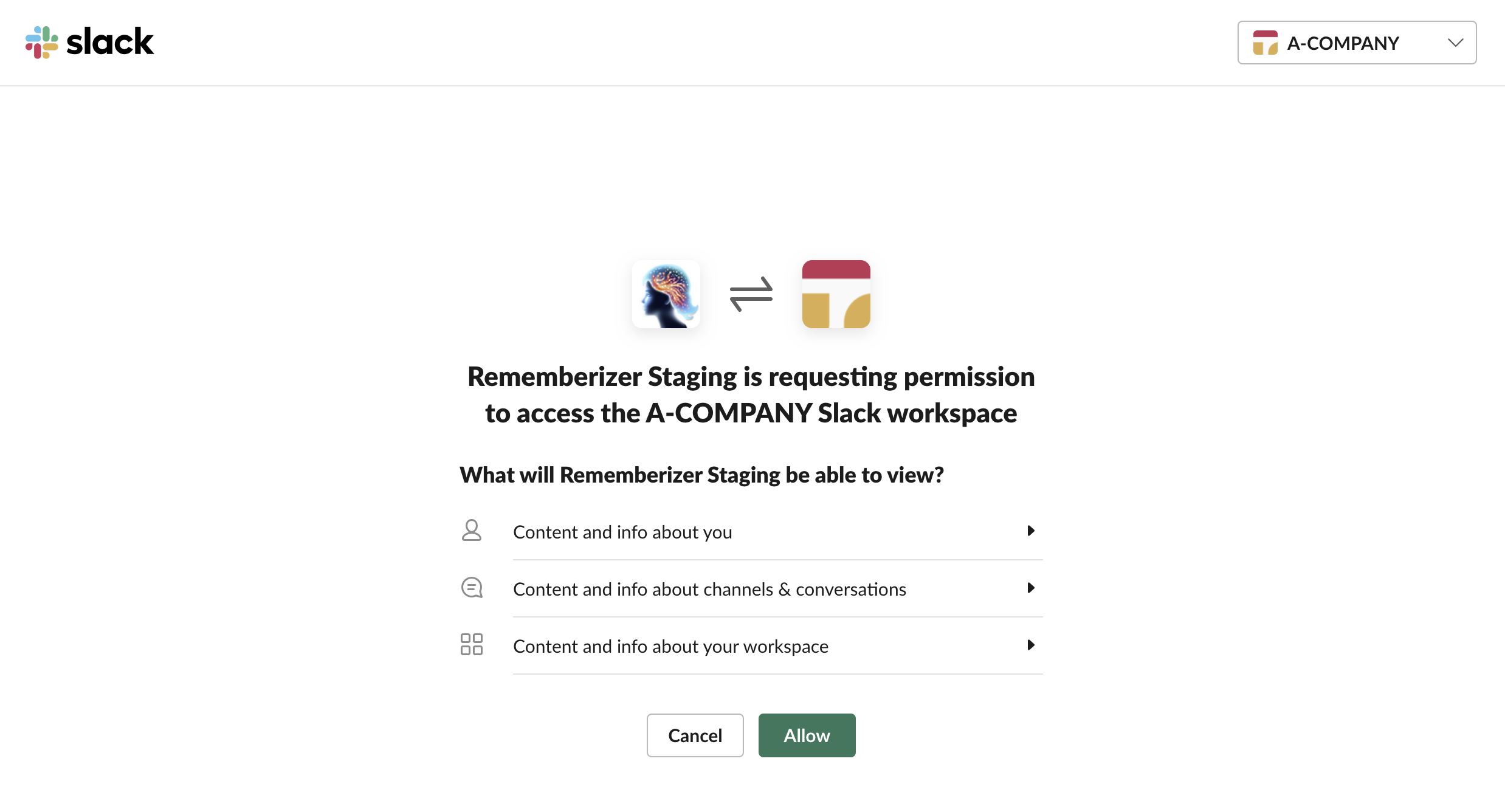 شاشة تفويض Slack