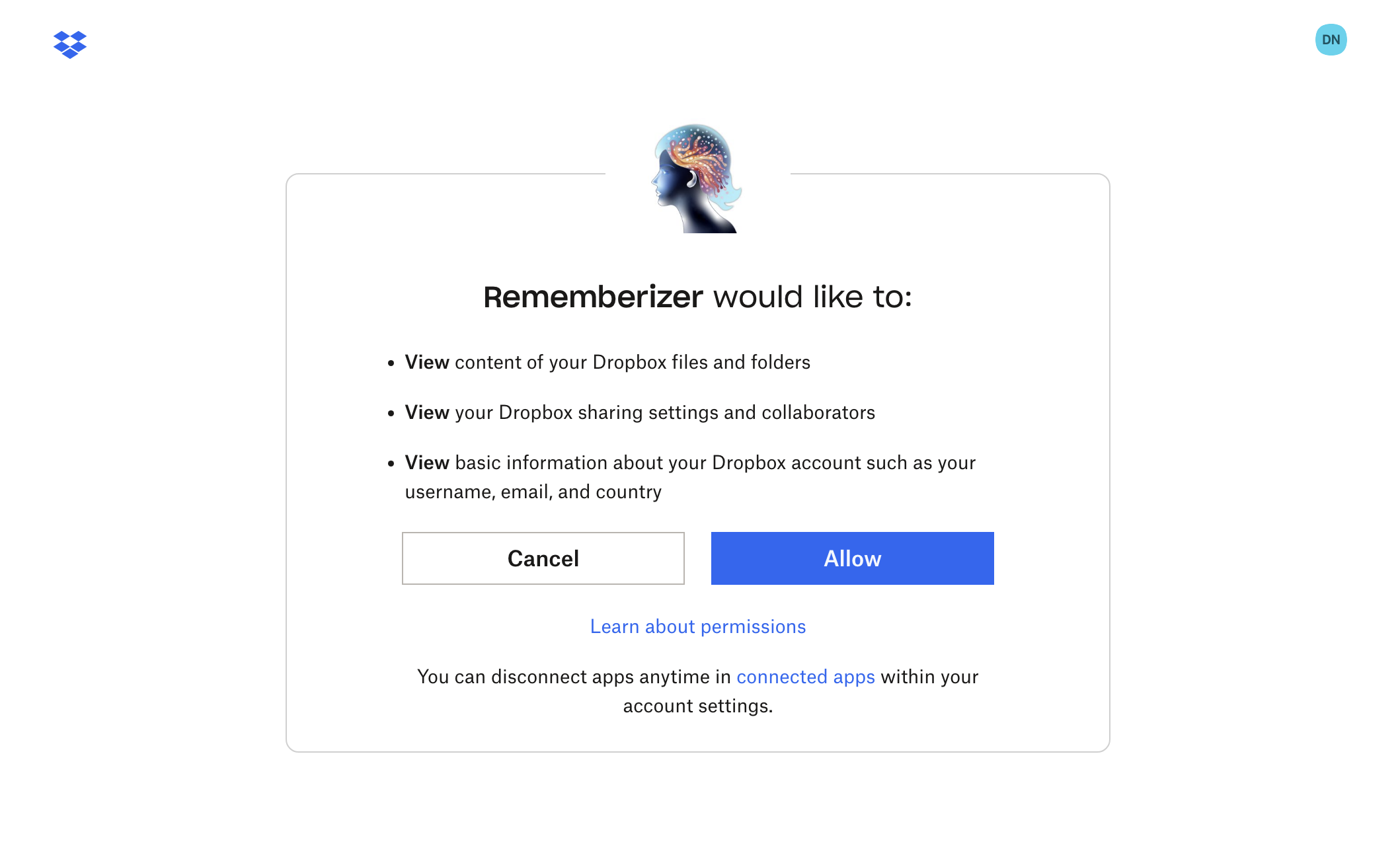 شاشة تفويض Dropbox OAuth